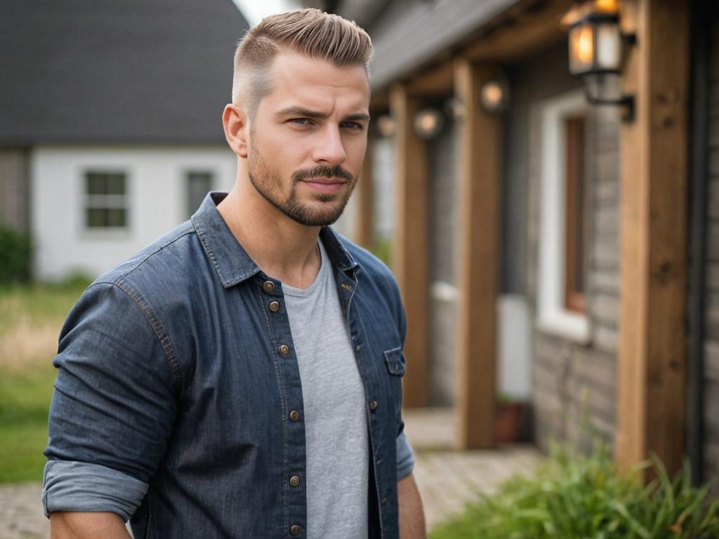 Man with Modern Viking Haircut in Suburban Setting