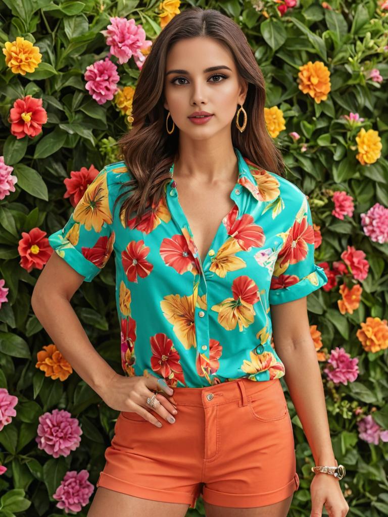 Trendy Woman in Floral Shirt and Orange Shorts