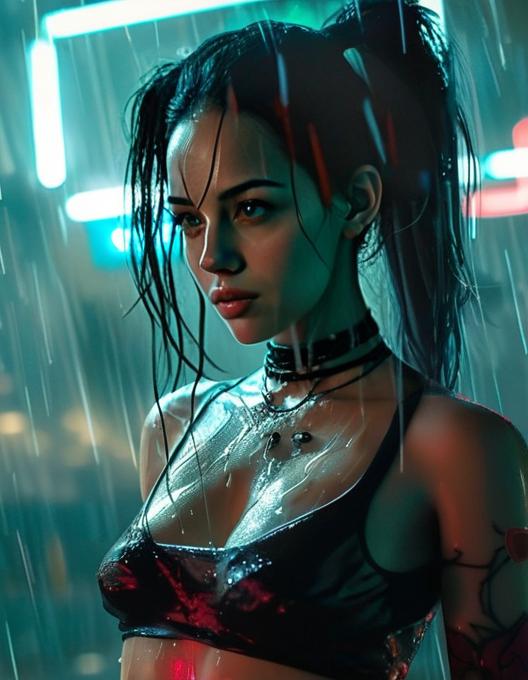 Cyberpunk Woman in Rain with Neon Lighting