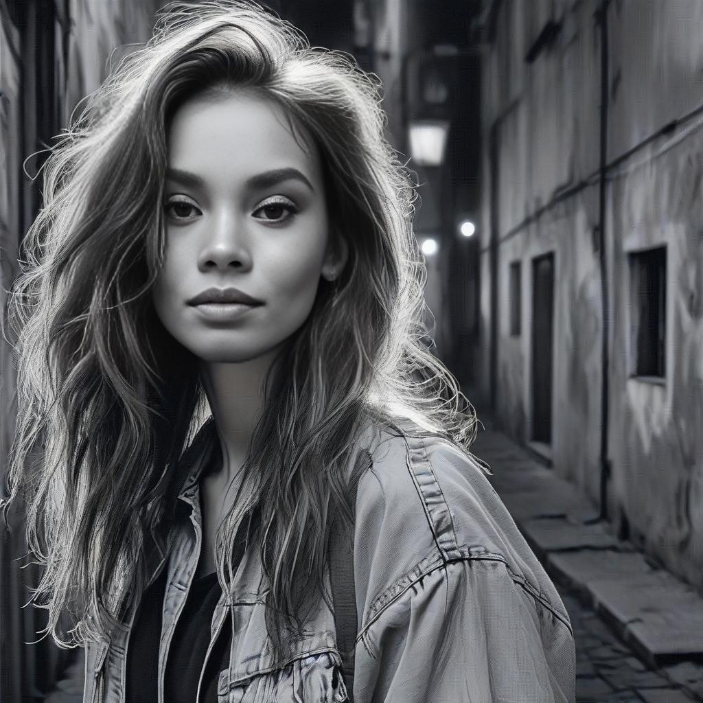 Black and White Portrait of Confident Woman in Urban Alley
