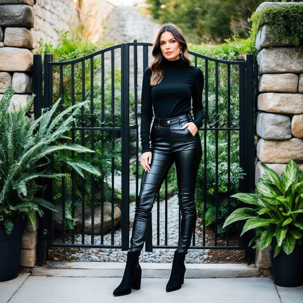 Stylish Woman in All-Black Outfit at Wrought Iron Gate