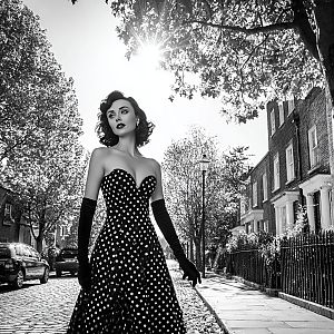 Glamorous Woman in Vintage Polka Dot Dress on Cobblestone Street