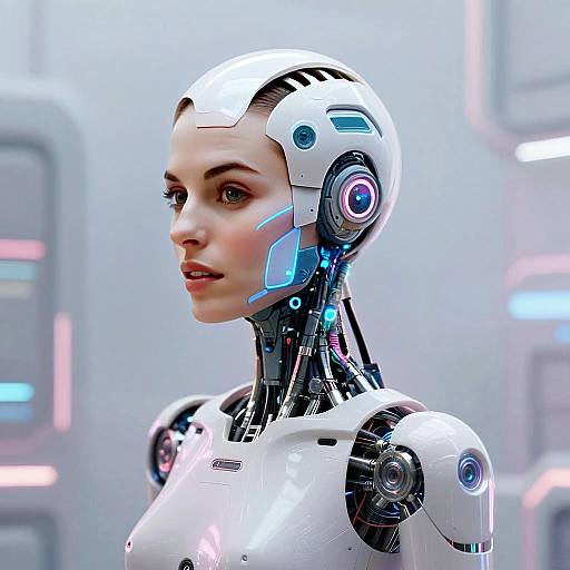Futuristic Humanoid Robot with Woman's Face and Cybernetic Design