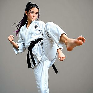 Young Woman Performing Martial Arts Kick in Gi