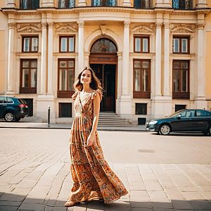Young Woman Walking in Bohemian Maxi Dress on Historic Street