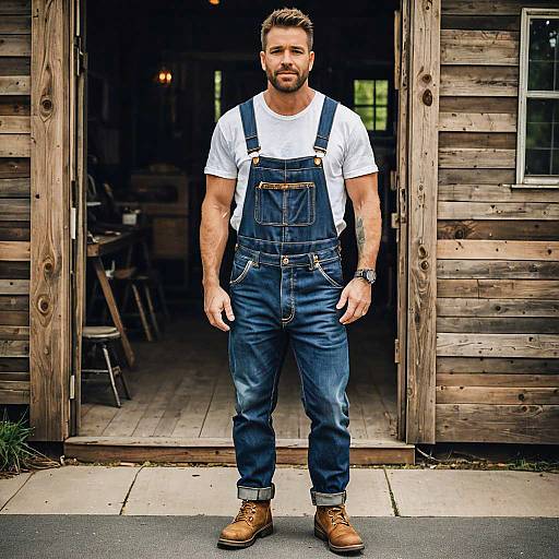 Man in Denim Overalls and Brown Boots Standing at Rustic Wooden Cabin Entrance