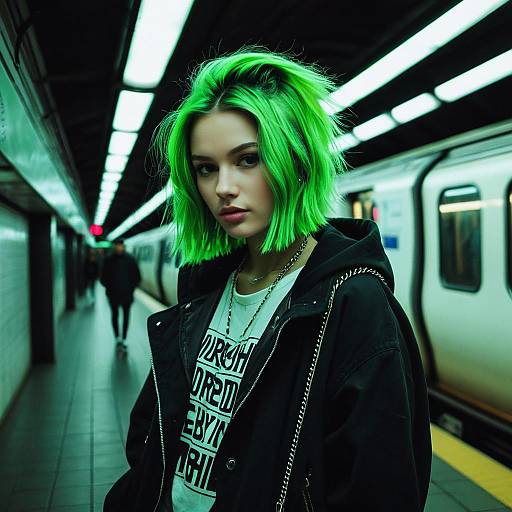 Young Woman with Neon Green Hair in Urban Subway Station