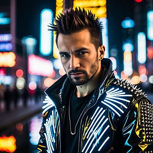 Confident Man in Cyberpunk Style with Neon Lights