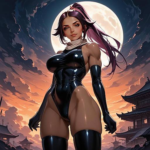 Confident Woman in Black Latex Outfit Under Full Moon with Japanese Architecture - Anime Style Digital Illustration
