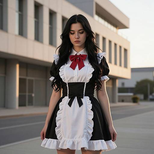 Young Woman Wearing Classic French Maid Outfit in Urban Setting