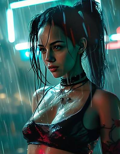 Cyberpunk Woman in Rain with Neon Lighting