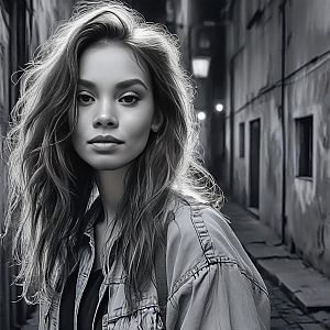 Black and White Portrait of Confident Woman in Urban Alley