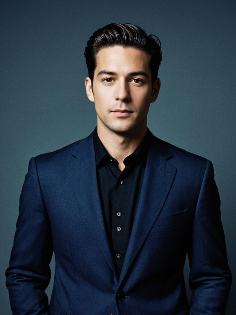 Young Man in Navy Blue Suit Black Shirt Professional Portrait