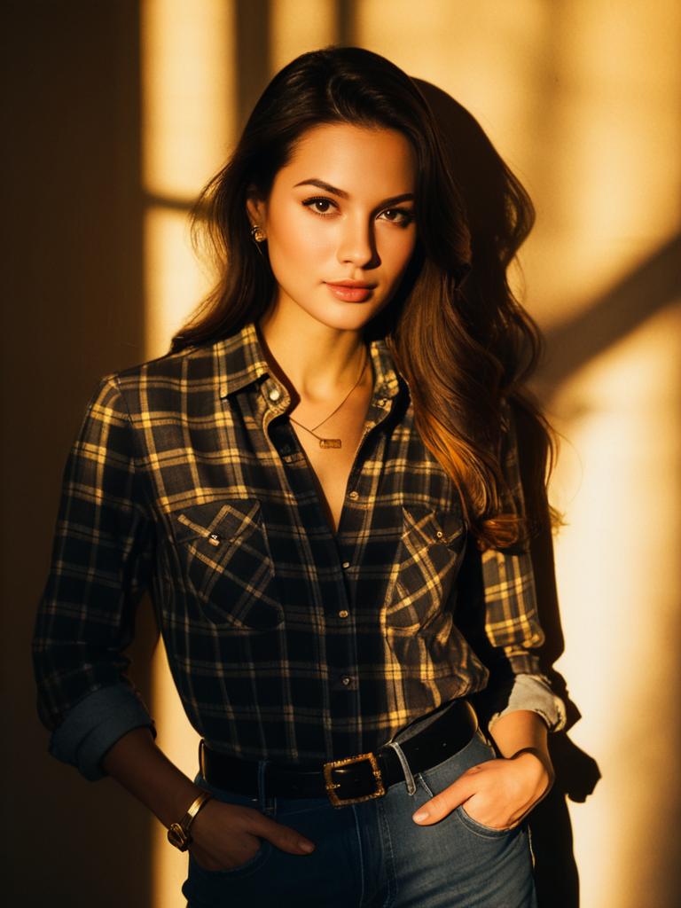 Woman Wearing Casual Gray Plaid Flannel Shirt with Fitted Cut and Rolled Sleeves