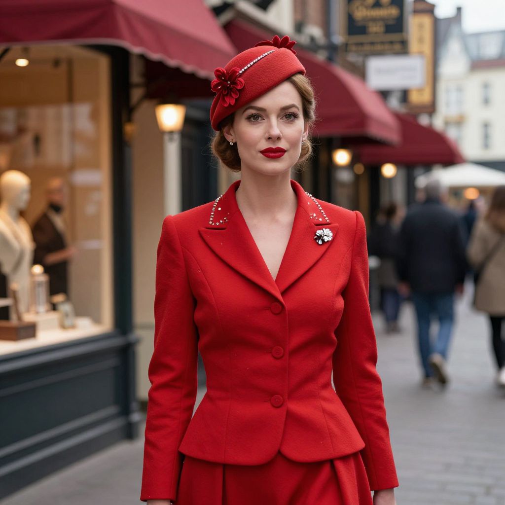 Elegant Woman in Vintage Red Suit and Hat on City Street