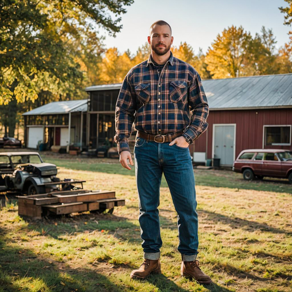 Man in Plaid Shirt and Jeans Standing on Rural Property with Autumn Background