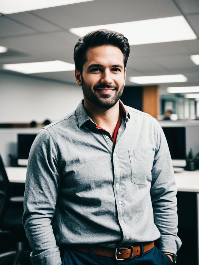 Confident Man in Casual Office Outfit Candid Portrait at Workplace