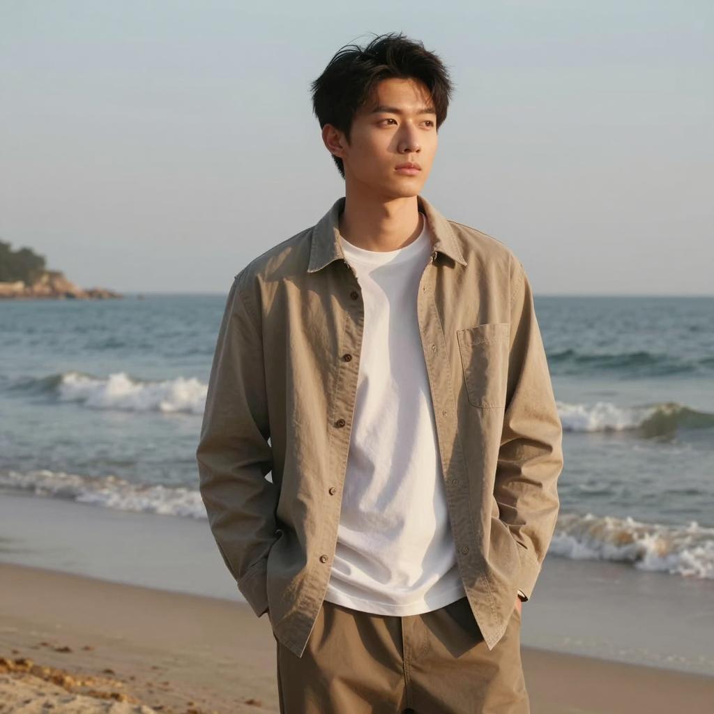 Young Man in Casual Gen Z Style on Beach