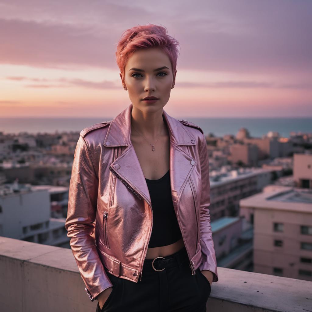 Confident Woman Wearing Metallic Pink Jacket on Rooftop at Sunset