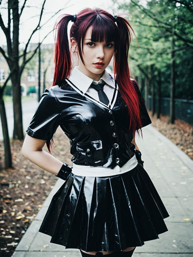 Woman in Edgy Photorealistic Latex Schoolgirl Cosplay Costume