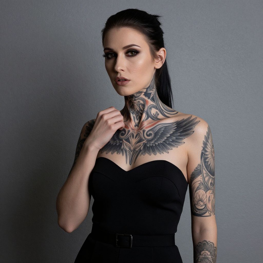Elegant Woman with Intricate Neck and Arm Tattoos in Black Outfit