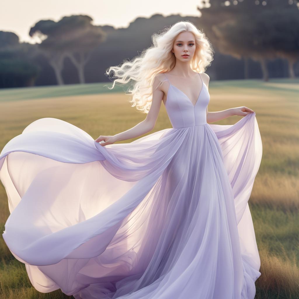 Woman in Lavender Gown Twirling in Sunlit Field