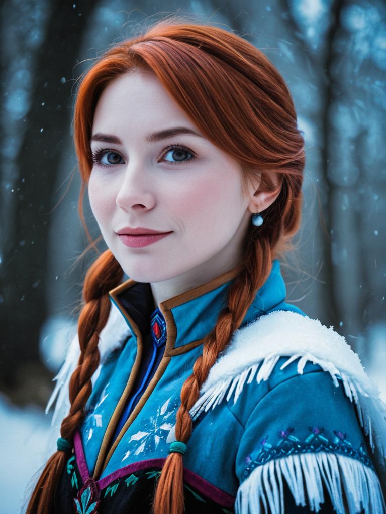 Woman with Red Hair in Blue Costume in Snowy Forest