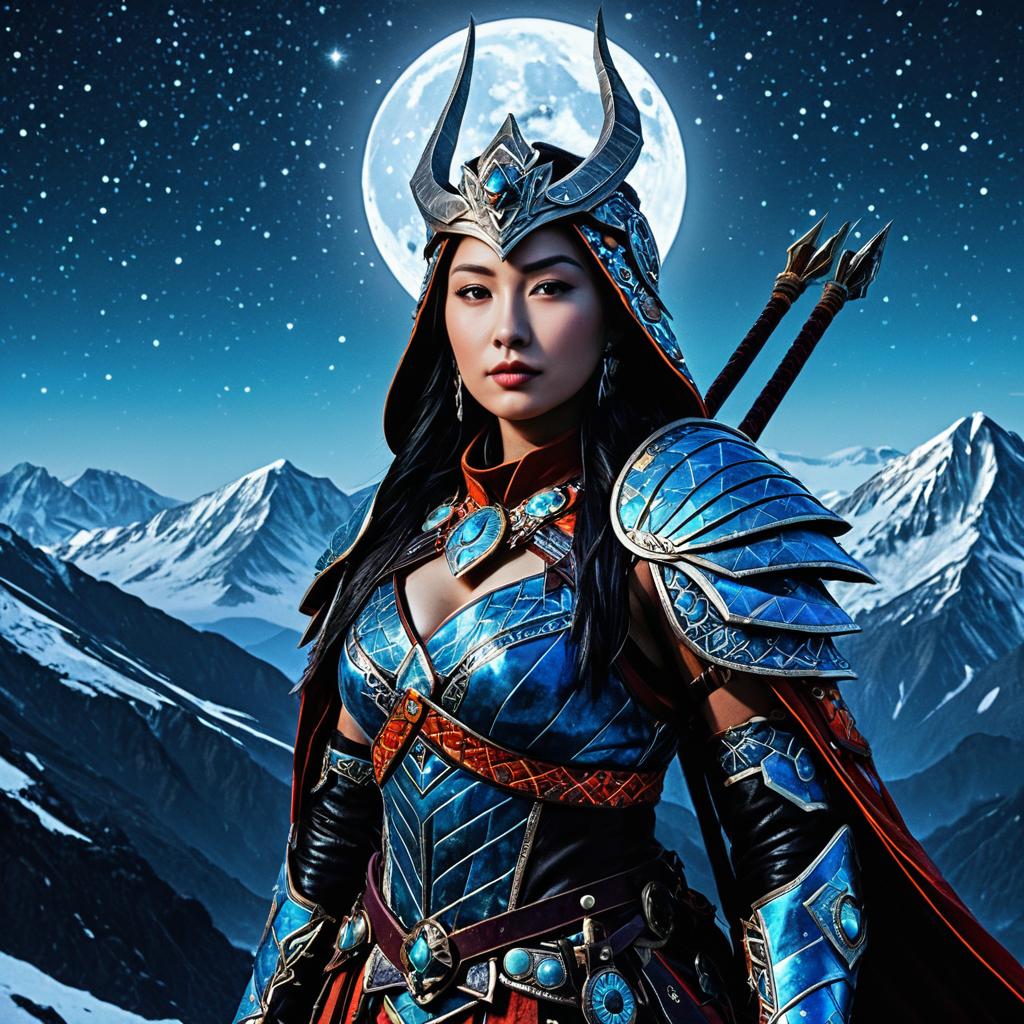 Fantasy Woman Warrior in Elaborate Armor with Moonlit Mountain Background