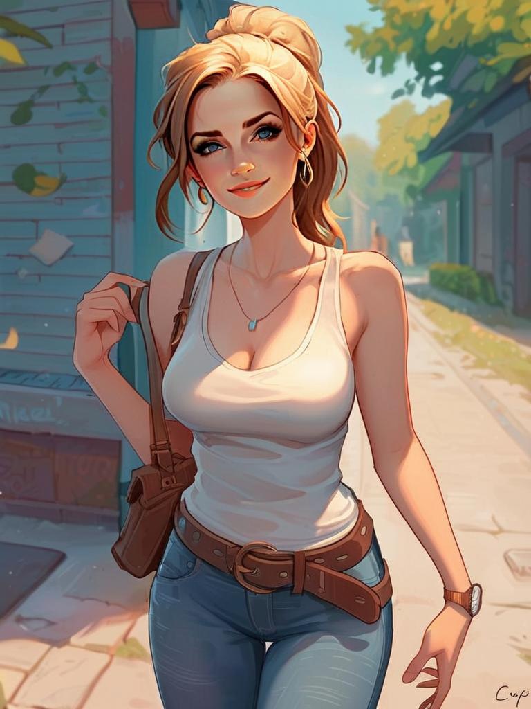 Confident young woman in casual attire walking on sunlit street Confident young woman in casual attire walking on sunlit street