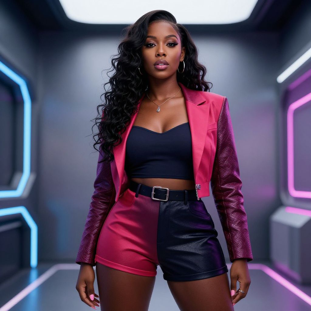 Stylish Woman in Two-Tone Leather Outfit in Futuristic Neon Corridor