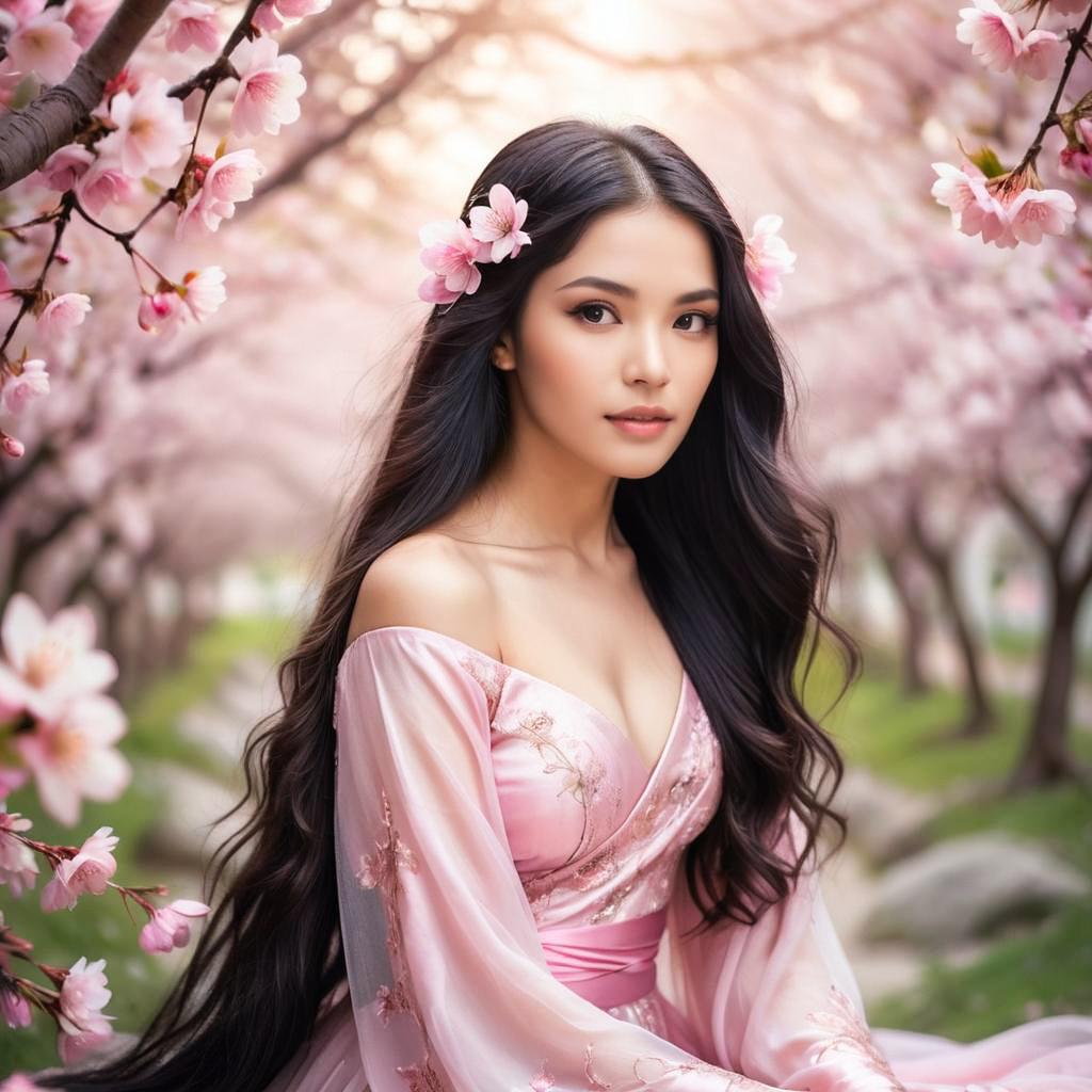 Elegant Woman in Cherry Blossom Garden