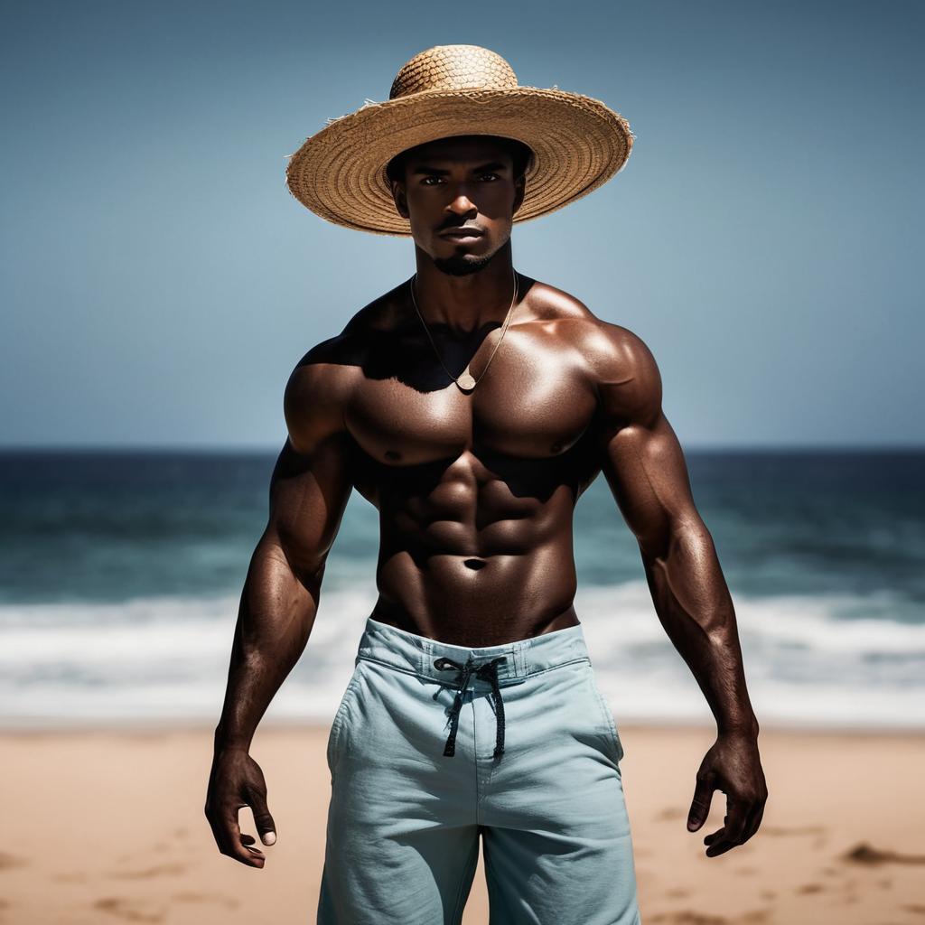 Muscular Man in Straw Hat Standing on Beach with Ocean Background