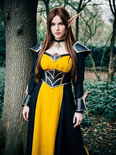 Fantasy Elf Woman in Black and Yellow Armor Costume Cosplay