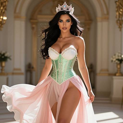 Elegant Woman in Light Green Corset and Crown in Luxurious Setting