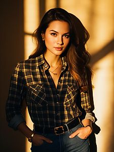 Woman Wearing Casual Gray Plaid Flannel Shirt with Fitted Cut and Rolled Sleeves