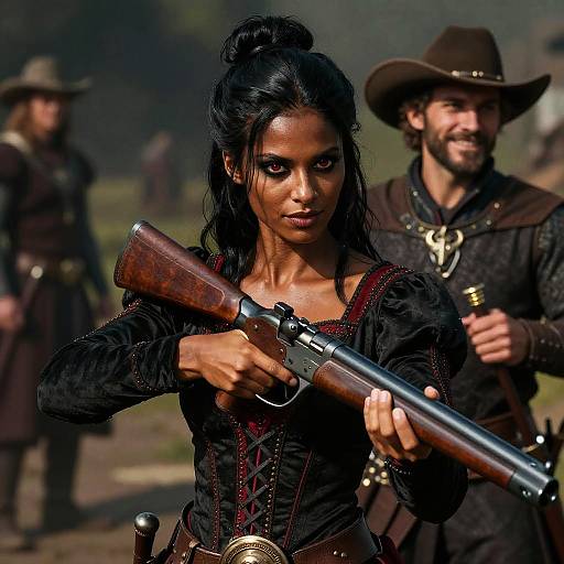 Confident Woman Holding Vintage Rifle in Renaissance Style Costume