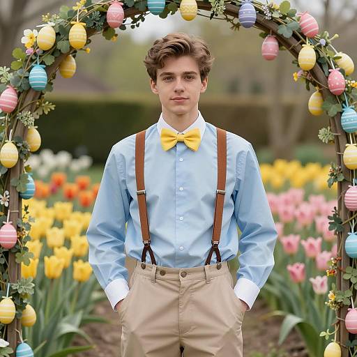 Young Man in Yellow Bow Tie and Suspenders Under Easter Egg Arch with Spring Flowers