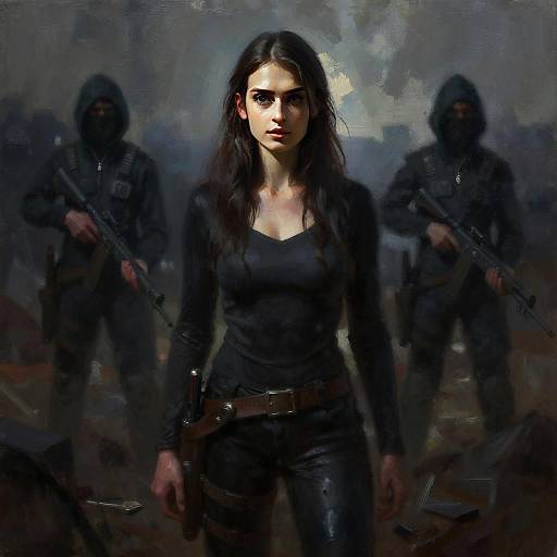 Confident Woman Tactical Leader with Armed Guards in Urban Battleground