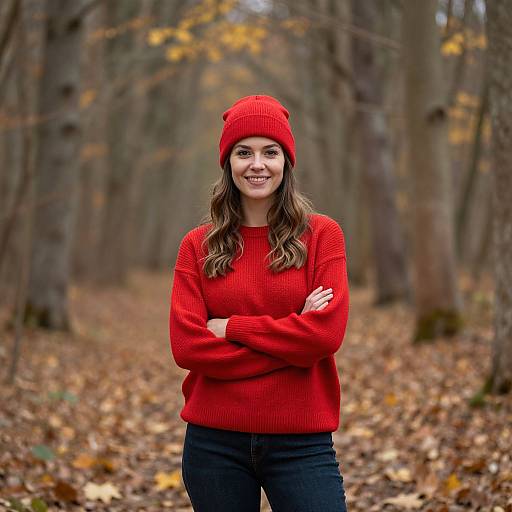 Young Woman in Red Sweater and Beanie in Autumn Forest