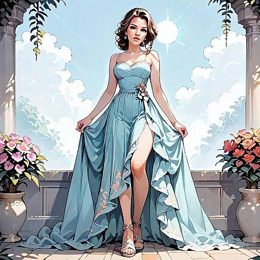 Elegant Woman in Flowing Blue Gown Digital Illustration