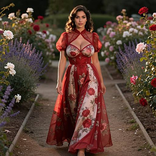 Woman in Elegant Red Floral Dress Walking Through Rose Garden
