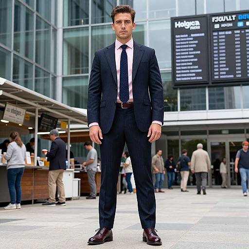 Businessman in Navy Pinstripe Suit Standing in Urban Plaza