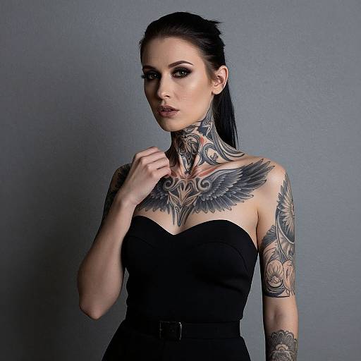 Elegant Woman with Intricate Neck and Arm Tattoos in Black Outfit