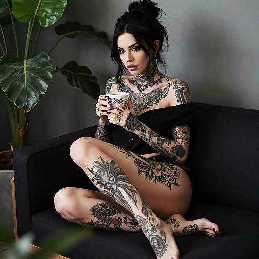 Tattooed Woman Relaxing on Sofa with Coffee Mug