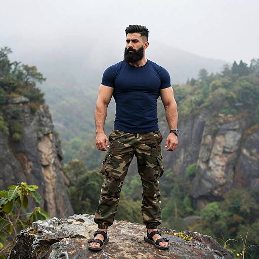 Bearded Man in Navy T-Shirt and Camouflage Pants Standing on Rocky Mountain Edge