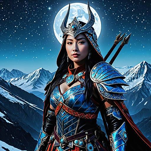 Fantasy Woman Warrior in Elaborate Armor with Moonlit Mountain Background