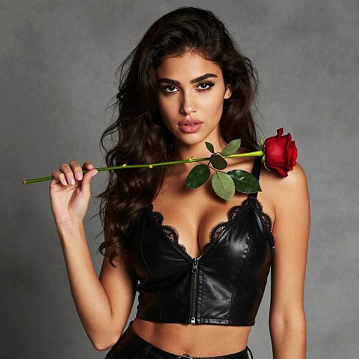 Stylish Woman with Red Rose in Black Leather Crop Top
