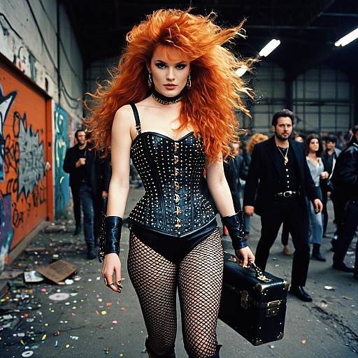 Fiery Redhead Woman in Punk Rock Fashion Walking in Graffiti Urban Alley