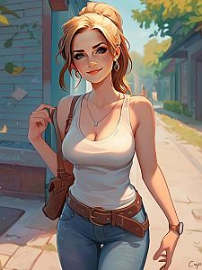 Confident young woman in casual attire walking on sunlit street