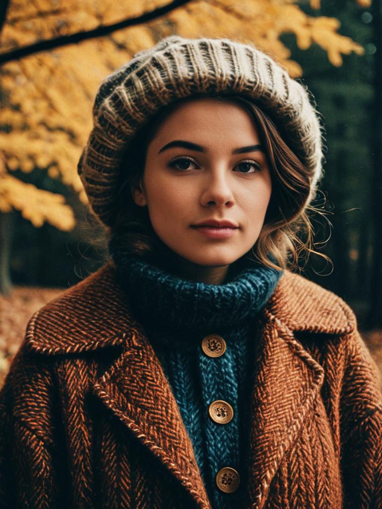 Woman in Vintage Cozy Fall Outfit with Knitted Beret and Brown Coat
